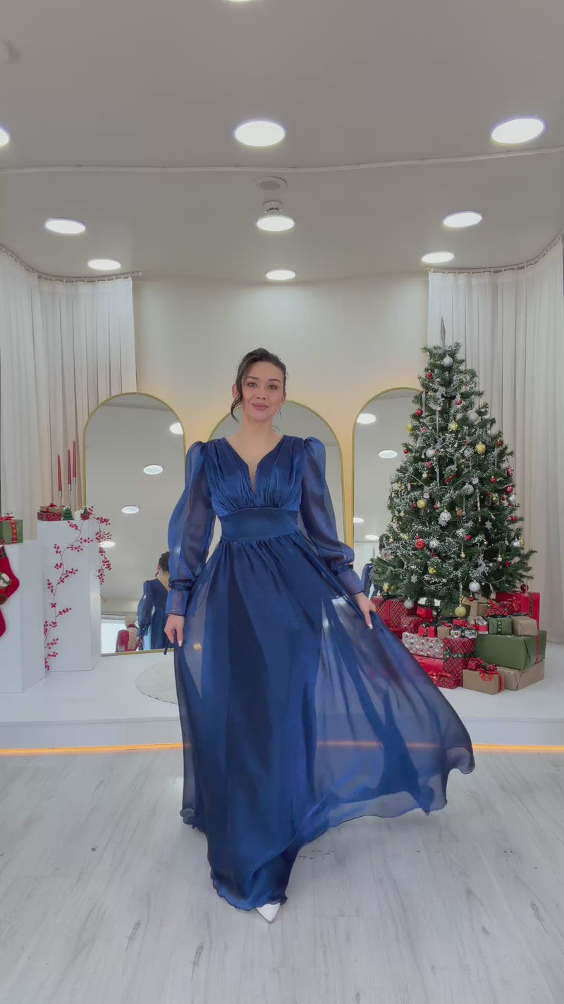 Women's Asymmetric Skirt Petrol Blue Karpuz Sleeve Princess V-Neck Evening Gown