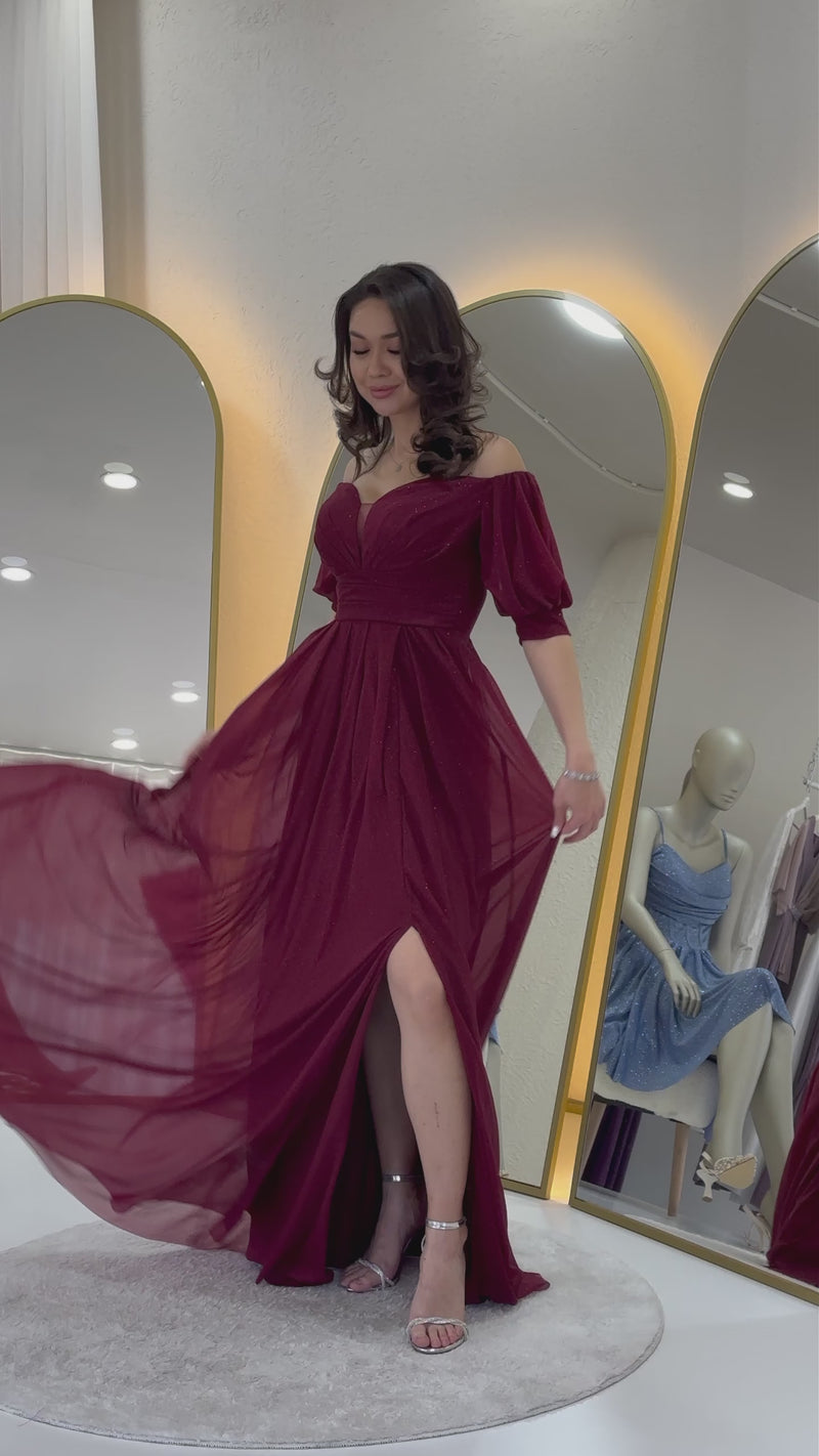 Women's Burgundy Short Sleeve Drapedd Evening Gown