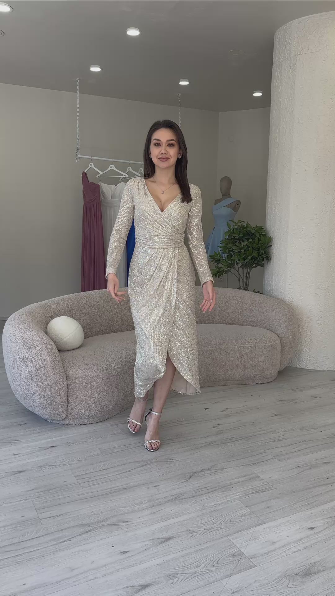 Beige Sequin Midi Evening Dress