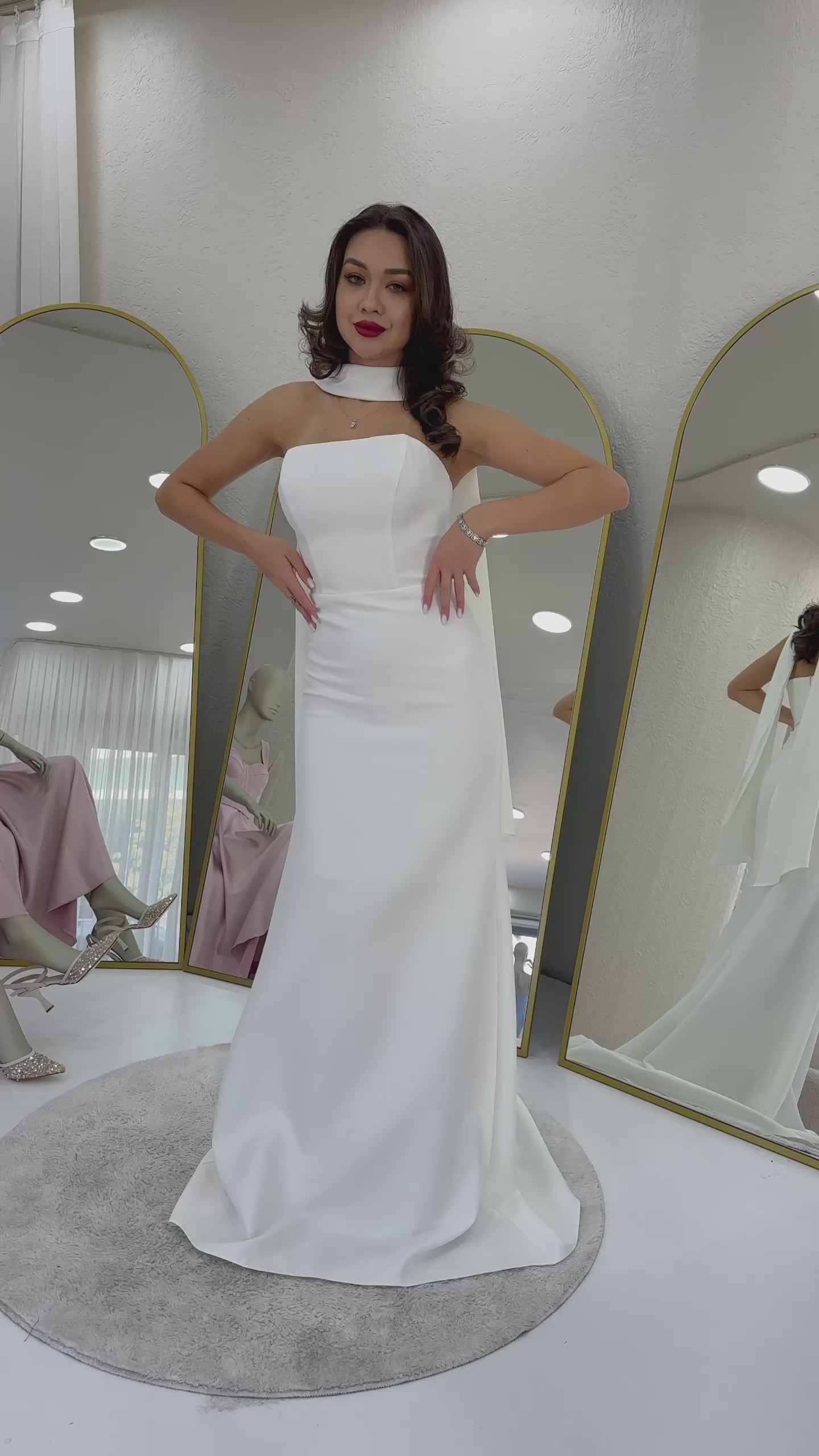 Women's White Shawl Collar Detail Strapless Mermaid Bridal Evening Gown