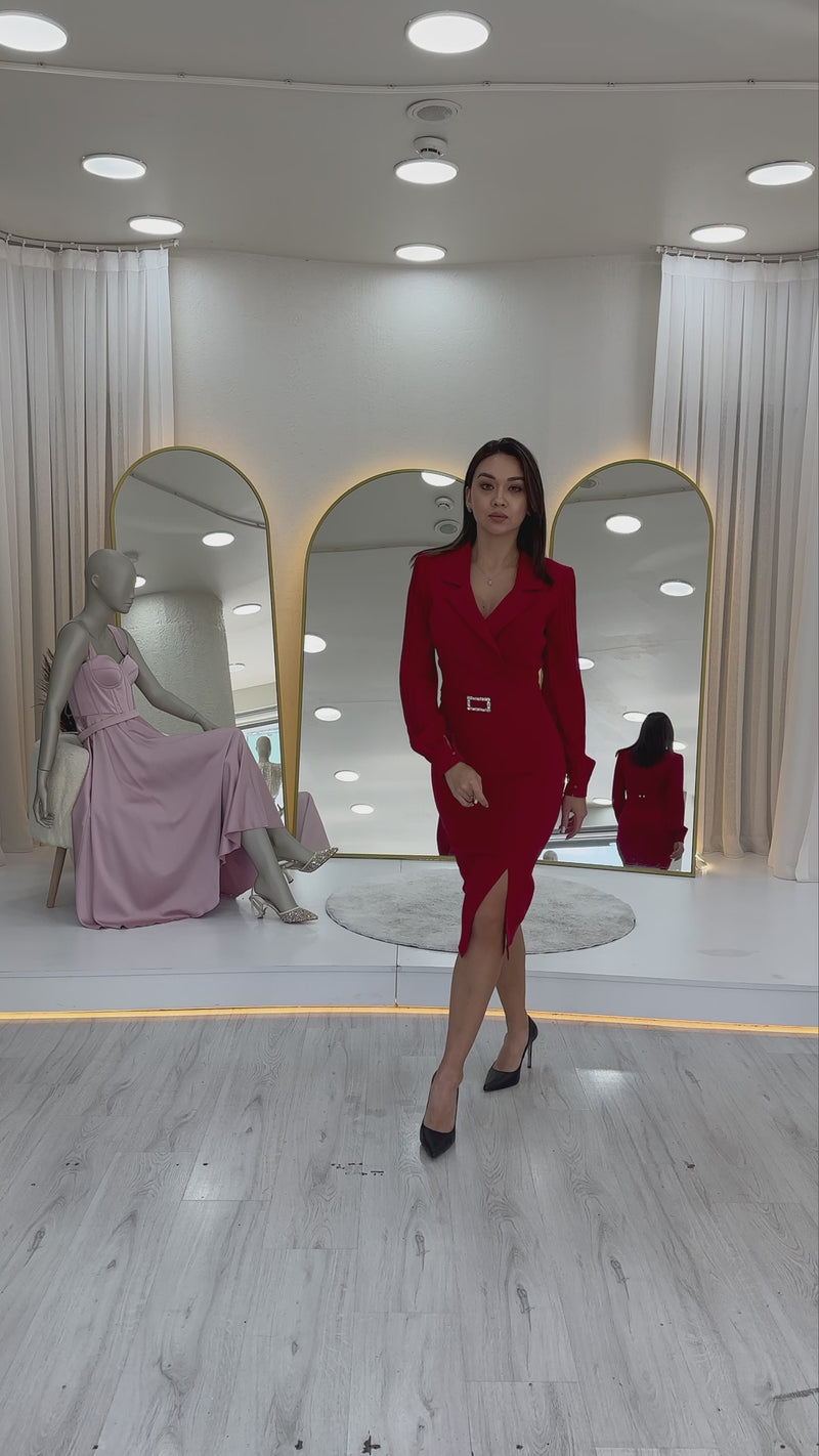 Women's Red Wrap Neck Belted Midi Pencil Dress