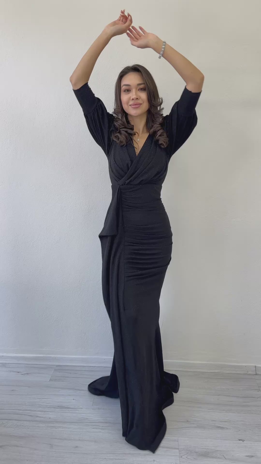 Women's Black Balloon Sleeve Glitter Drapedd Ruffle Detail Mermaid Evening Gown