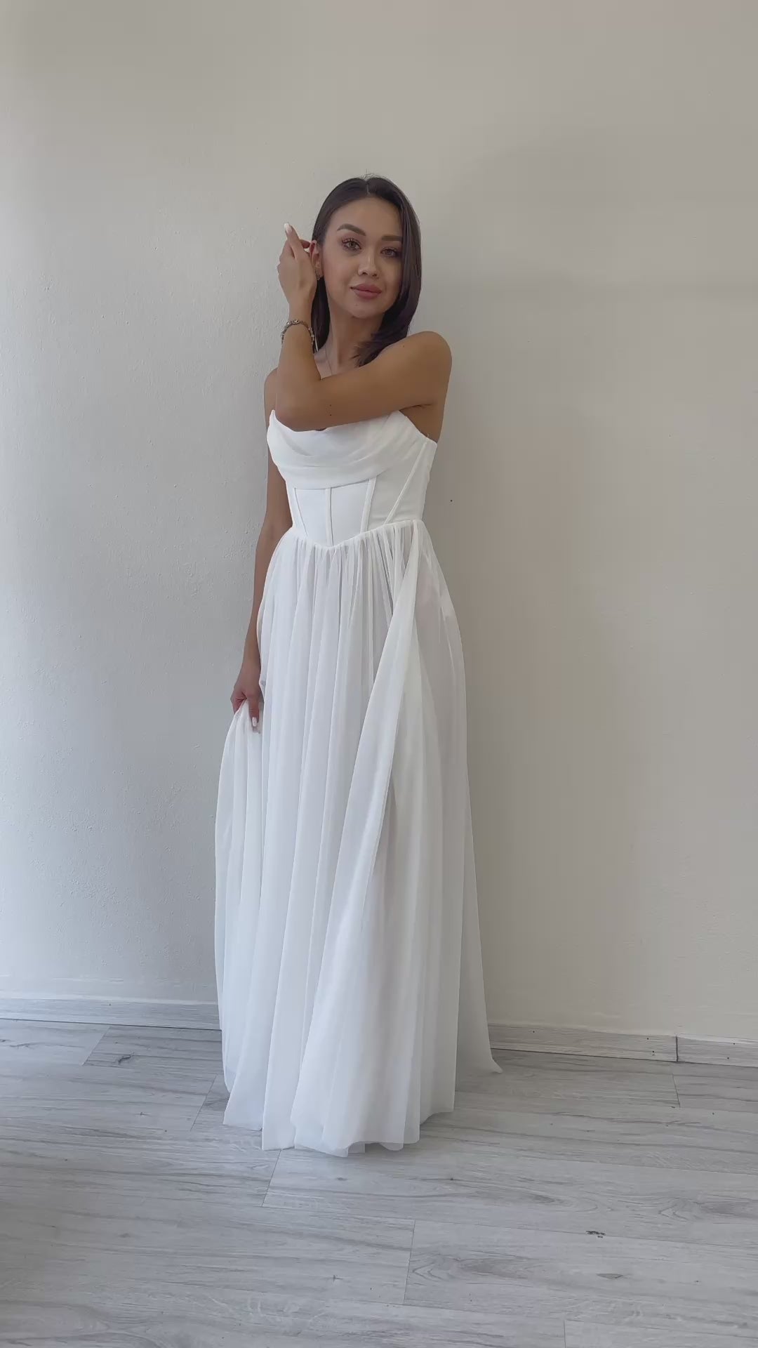 Women's White Glitter Sırt Dekolteli Corset Detail Slit Evening Gown