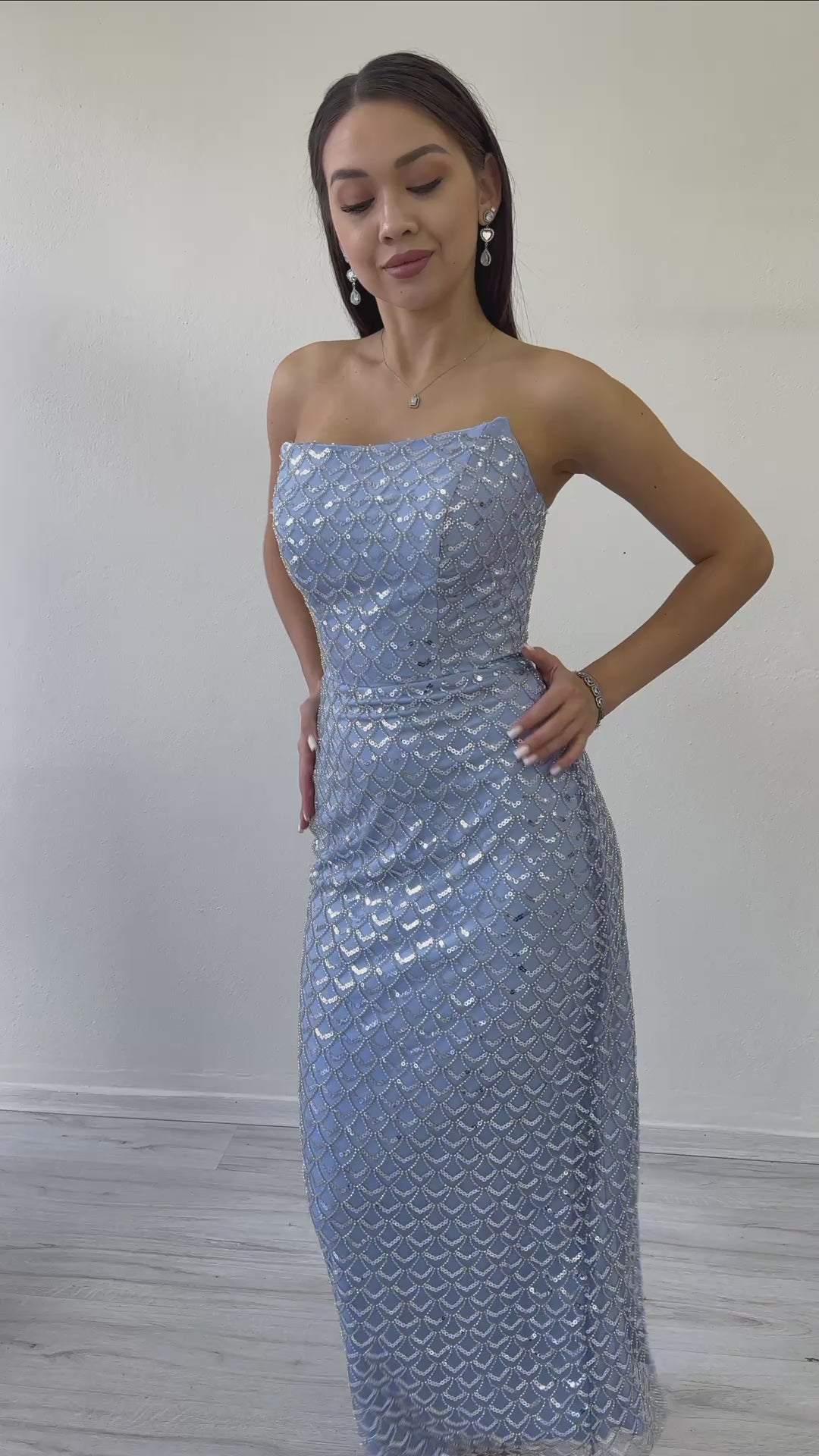 Women's Baby Blue Strapless Beaded Midi Evening Gown