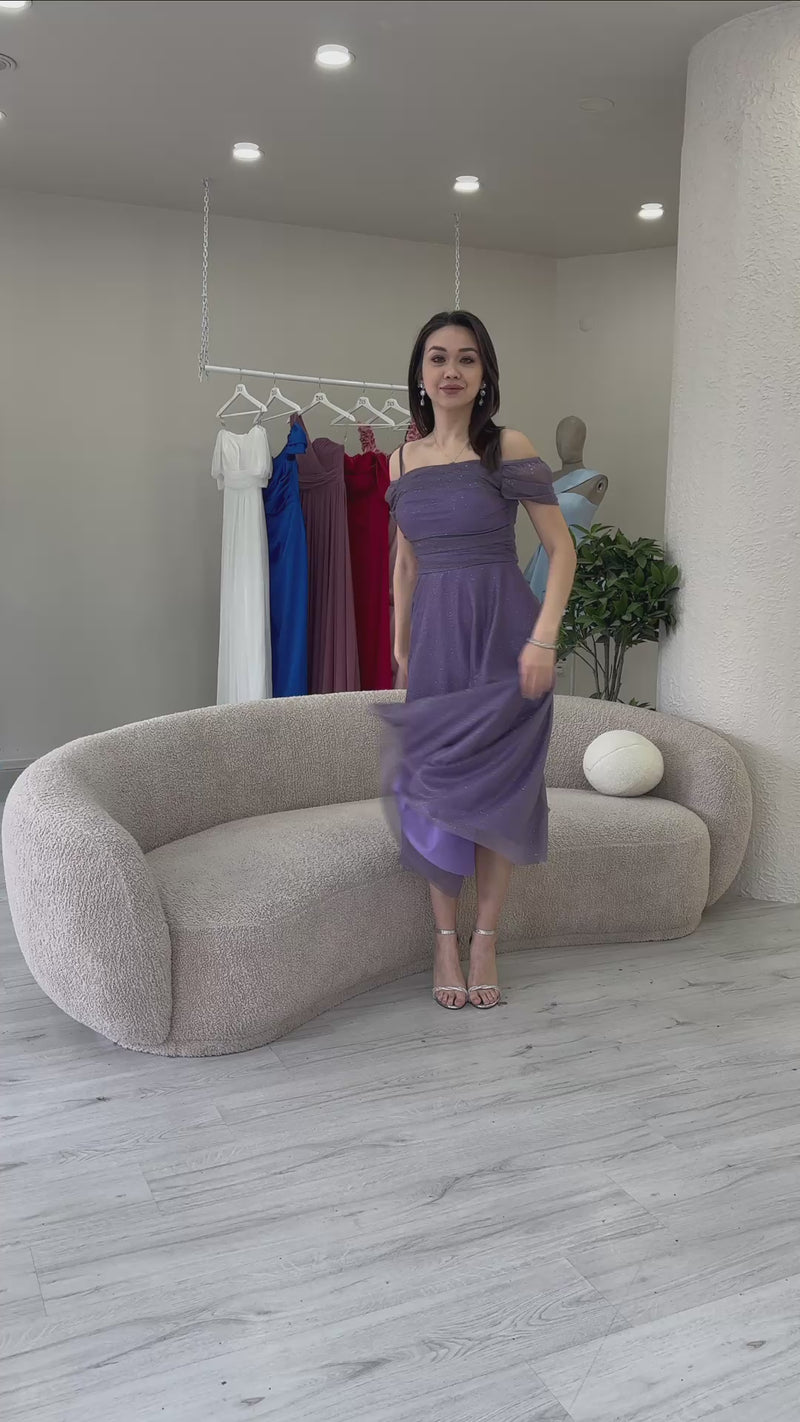 Women's Lilac Midi Flared Strap Off-Shoulder Evening Gown