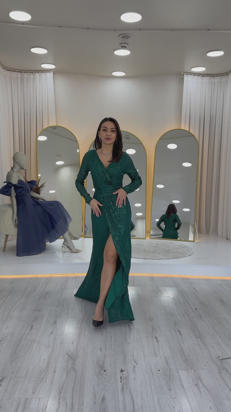Women's Green Wrap Neck Sequin Long Evening Gown
