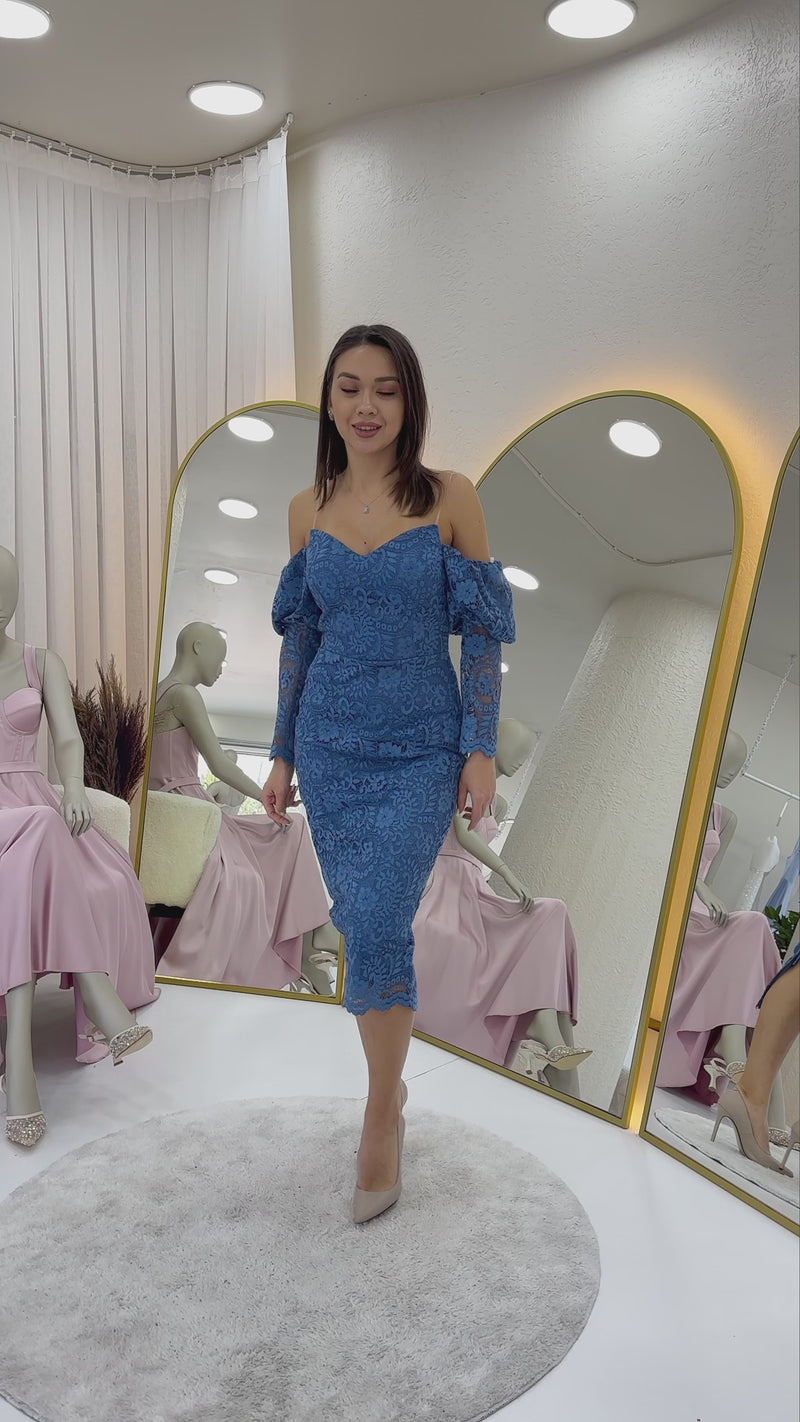 Women's Indigo Off-Shoulder Balloon Sleeve Lace Evening Gown