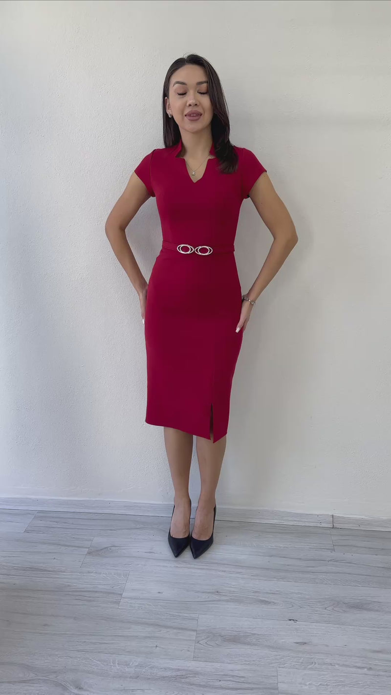 Women's Red V-Neck Half Sleeve Belted Midi Pencil Dress
