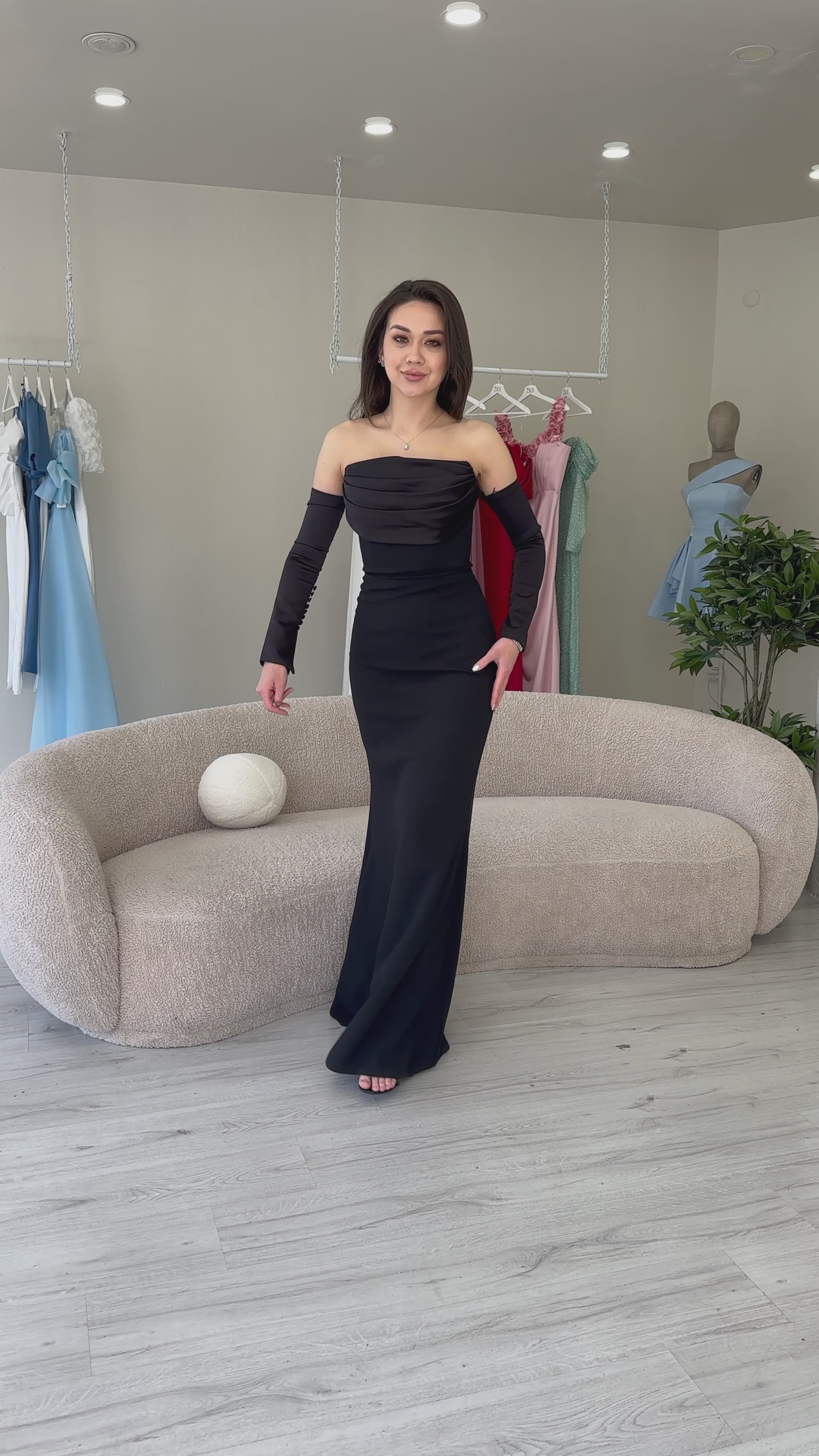 Black Strapless Satin Fishtail Evening Dress