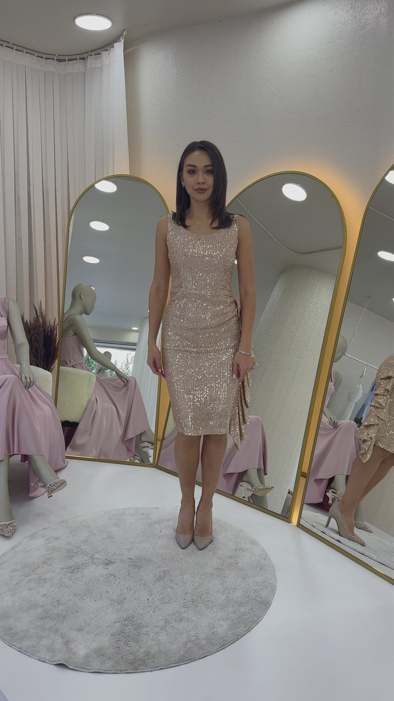 Women's Beige Sequin Thick Strap Midi FırFır Detaillı Evening Gown