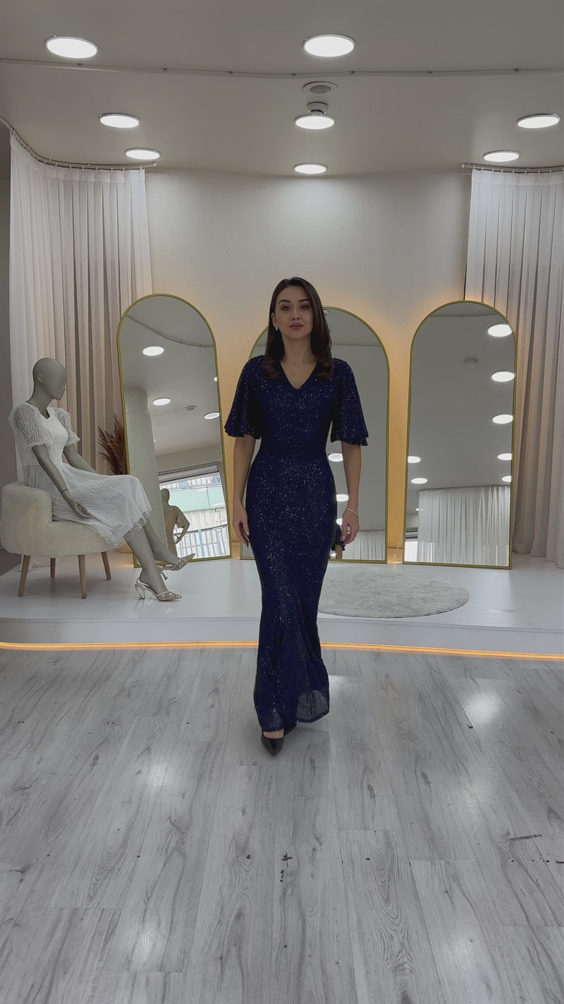 Women's Navy Blue Volan Sleeve Sequin Mermaid Evening Gown