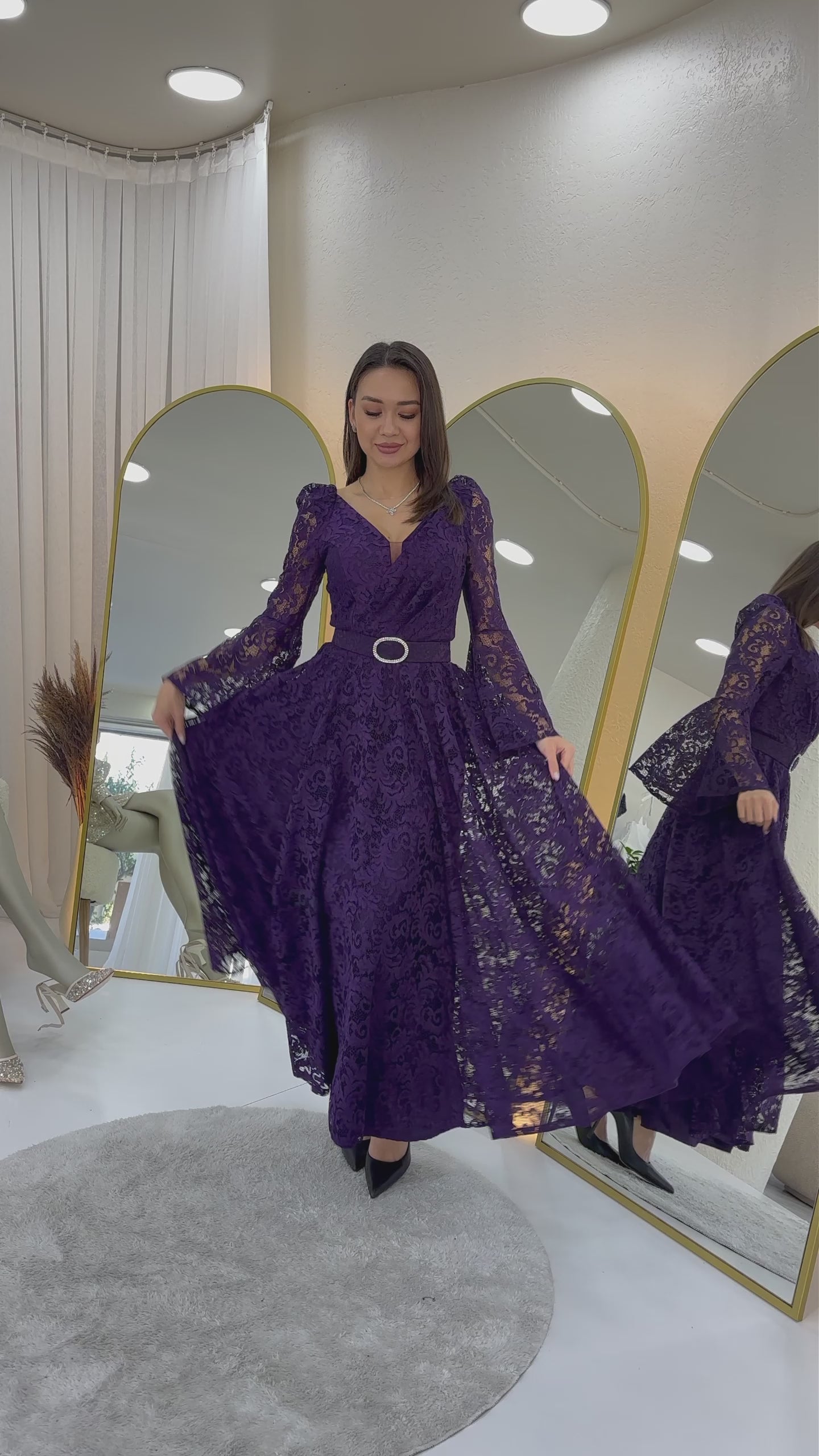 Women's Purple Wrap Neck Belt Detaillı Laceli Long Sleeve Midi Dress