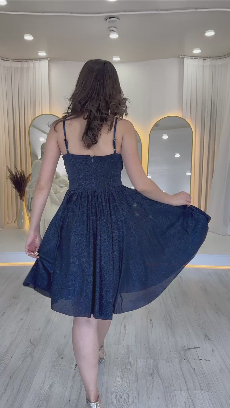 Navy Blue Strappy Mini Flared Evening Dress