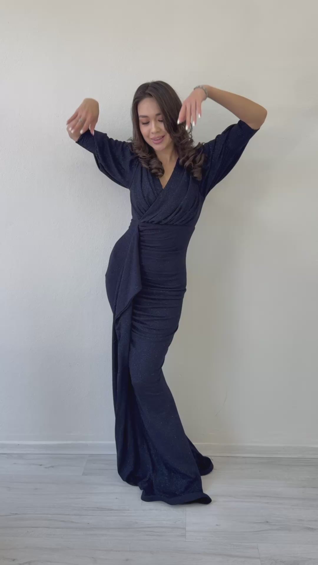 Women's Navy Blue Balloon Sleeve Glitter Drapedd Ruffle Detail Mermaid Evening Gown