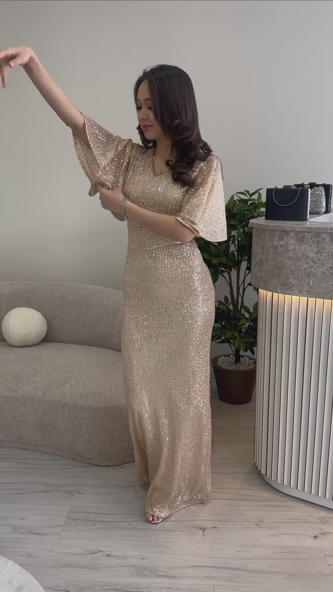 Women's Beige Volan Sleeve Sequin Mermaid Evening Gown