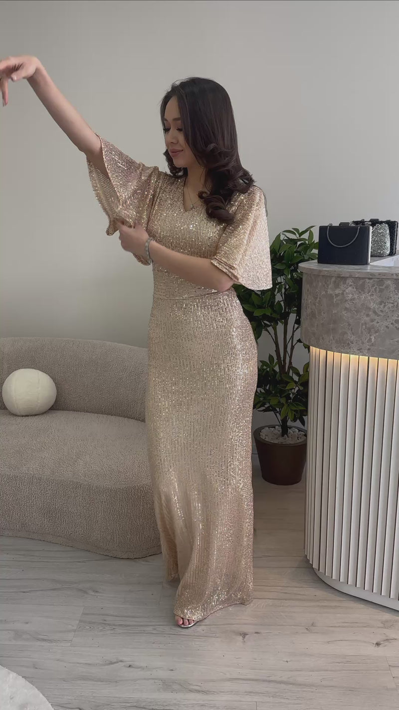 Women's Beige Volan Sleeve Sequin Mermaid Evening Gown