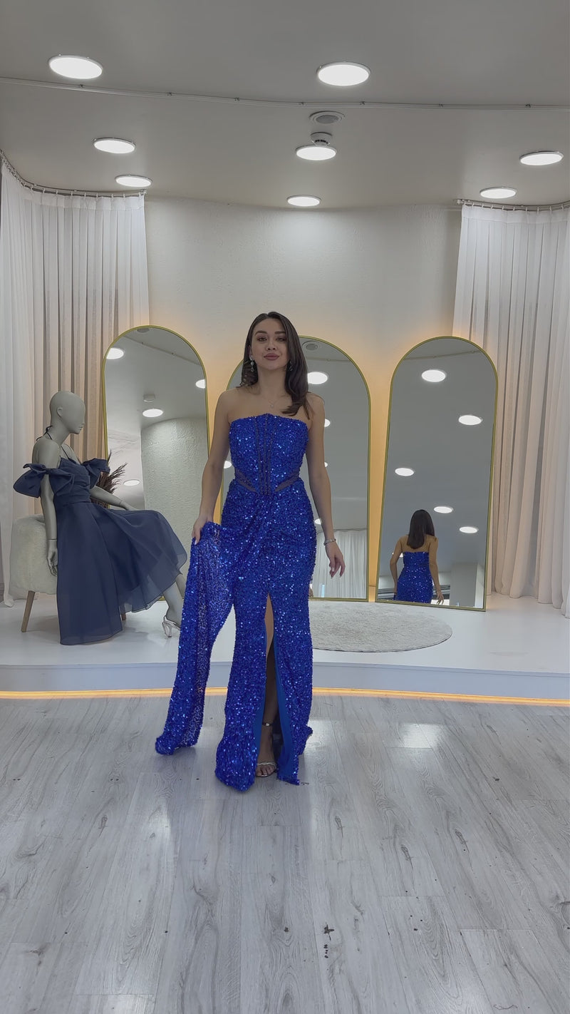 Women's Saxe Bluesi Strapless Bel Dekolteli Sequin Evening Gown