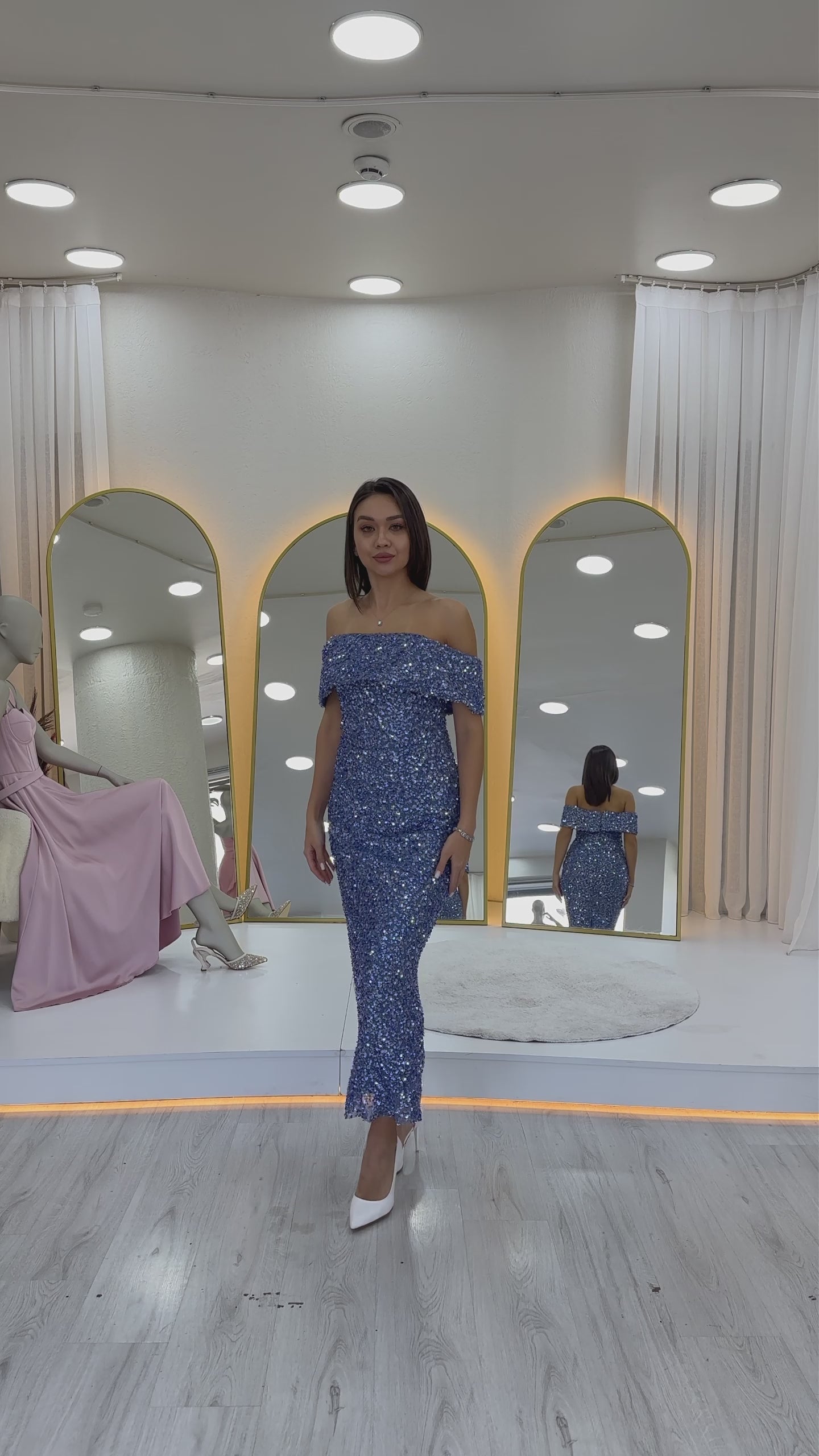 Women's Baby Blue Madonna Collar Sequin Embellished Pencil Midi Evening Gown