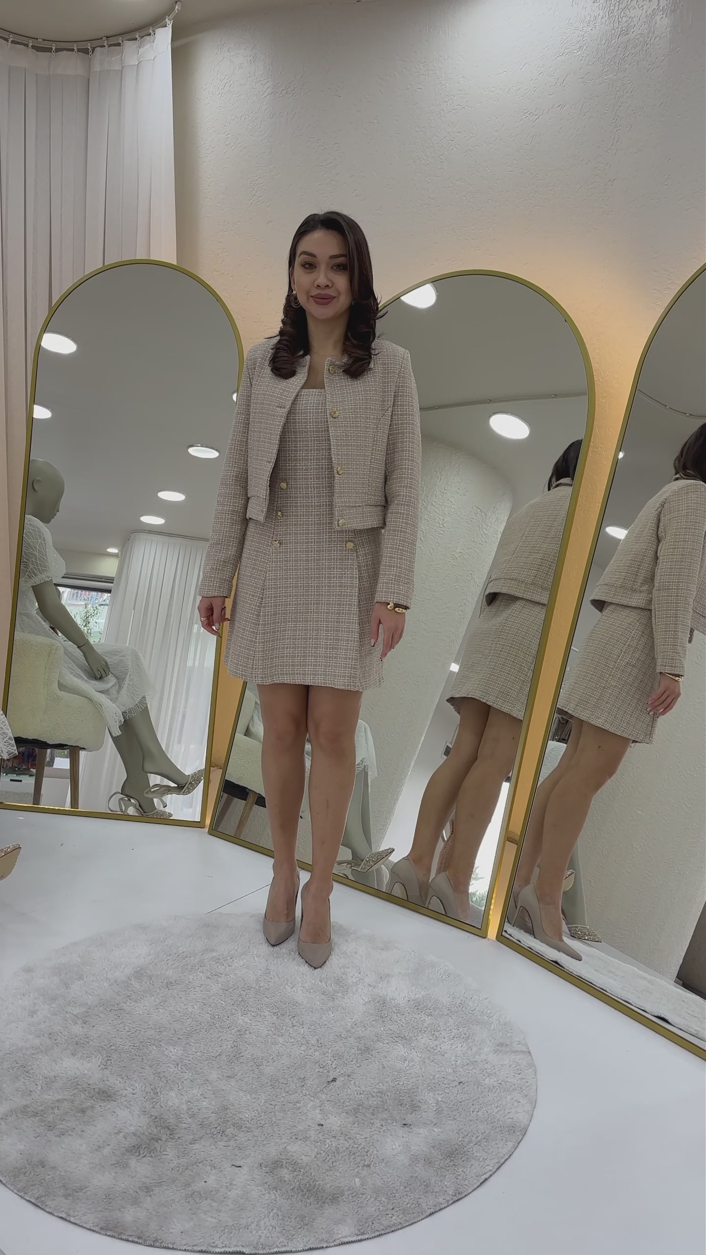 Women's Mink Düğme Detaillı Jacket Dress Tweed Two-Piece Set