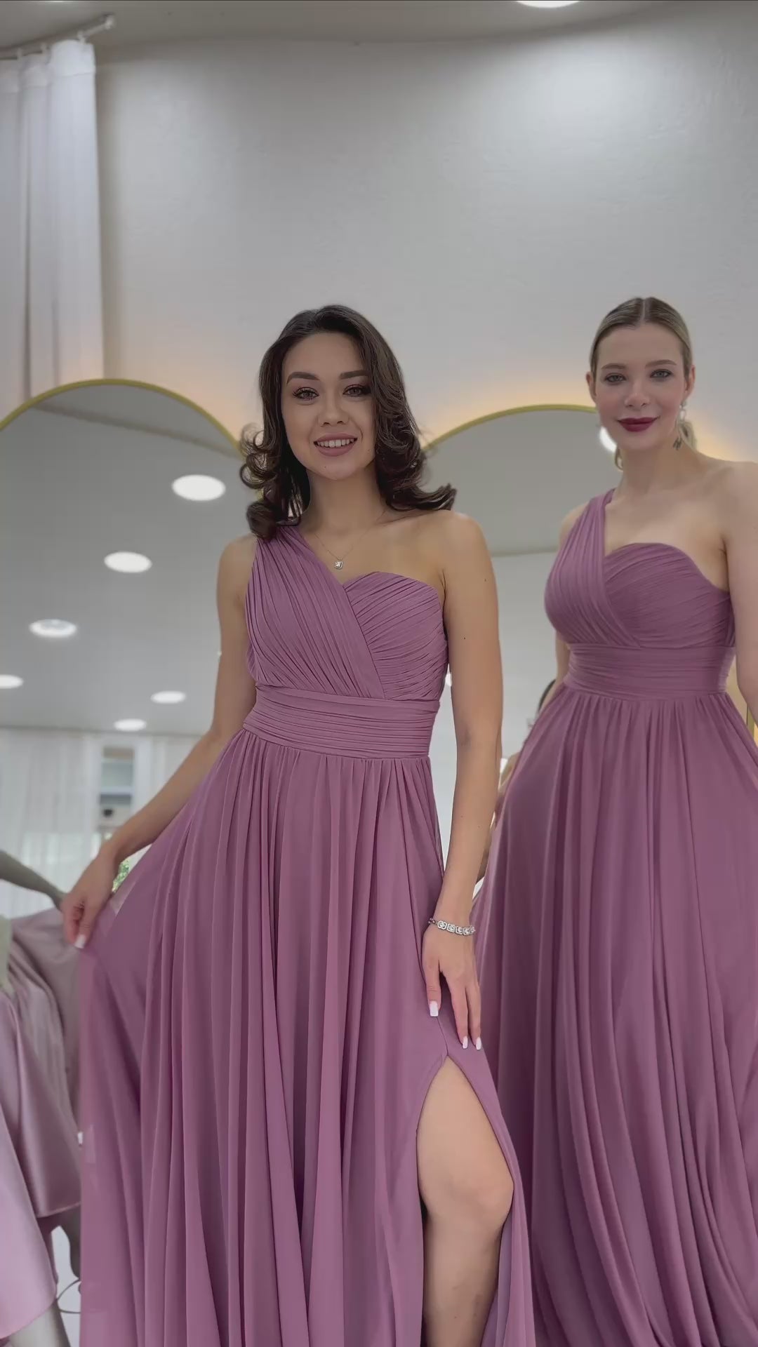 Women's Dusty Rose Tek Omuz Pleated Flared Evening Gown