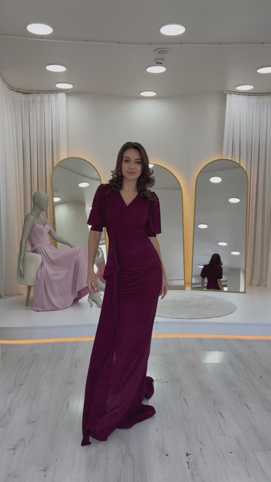 Women's Burgundy Balloon Sleeve Glitter Drapedd Ruffle Detail Mermaid Evening Gown