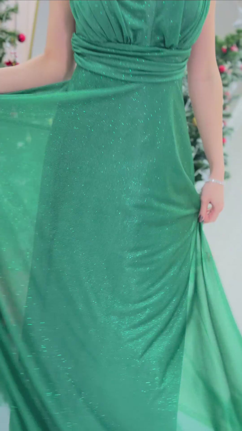 Women's Emerald Green Sleeveless Sheer Detail Evening Gown