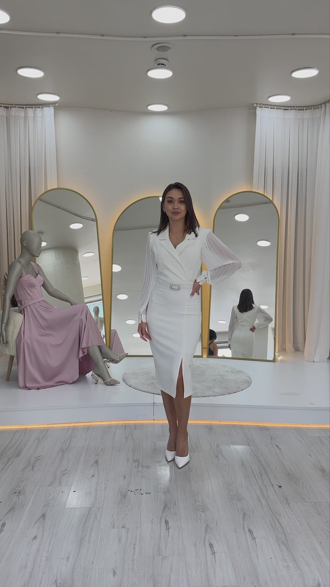 Women's White Wrap Neck Belted Midi Pencil Dress