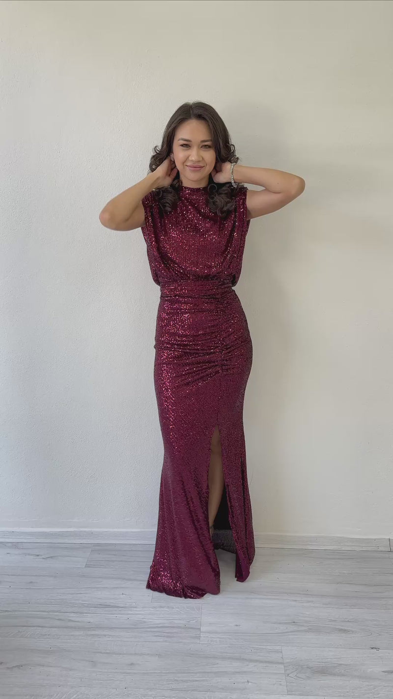 Women's Burgundy High Neck Kuşak Detail Slit Sequin Evening Gown