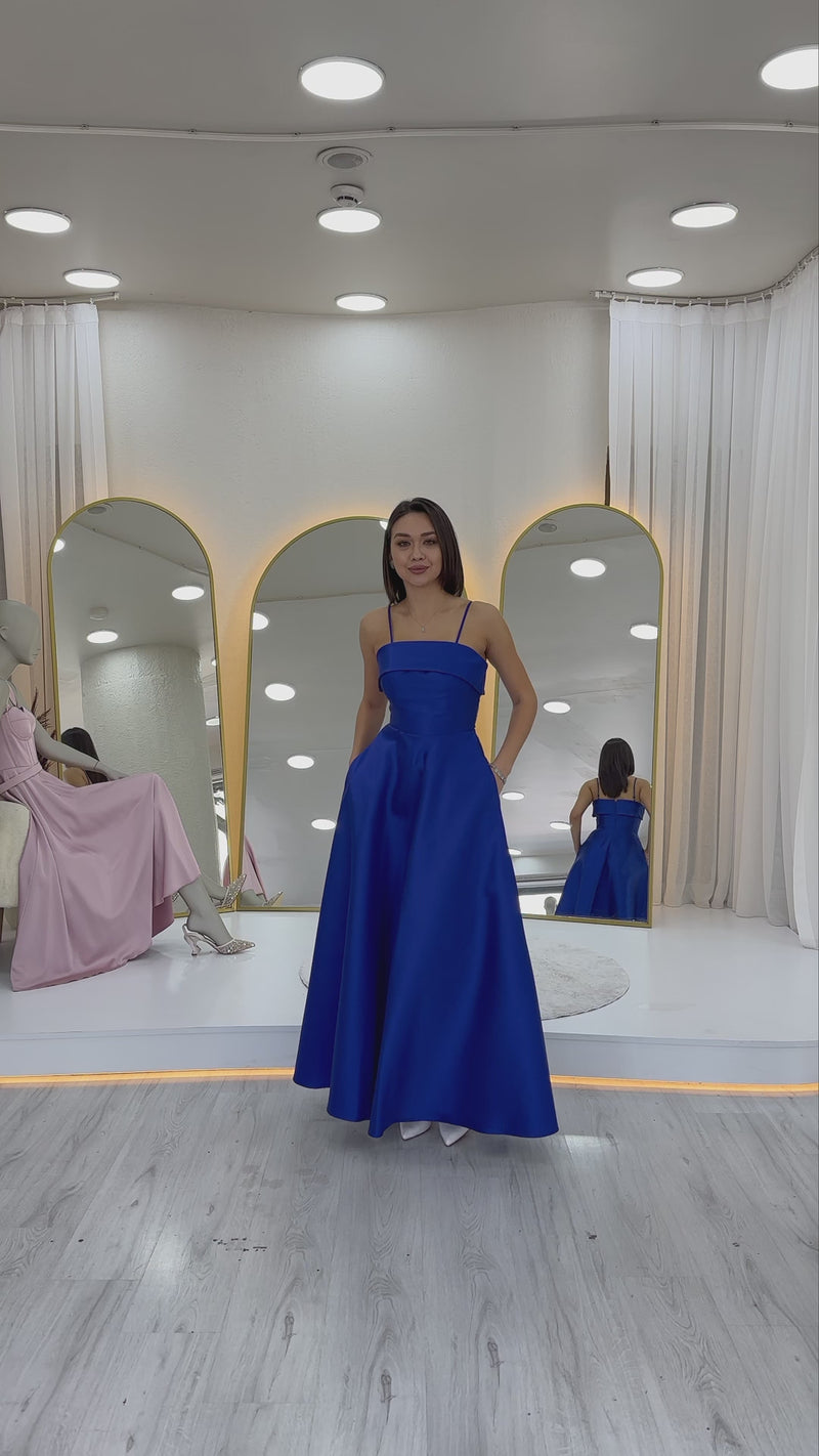 Women's Saxe Blue İnce Strap Cep Detaillı Evening Gown