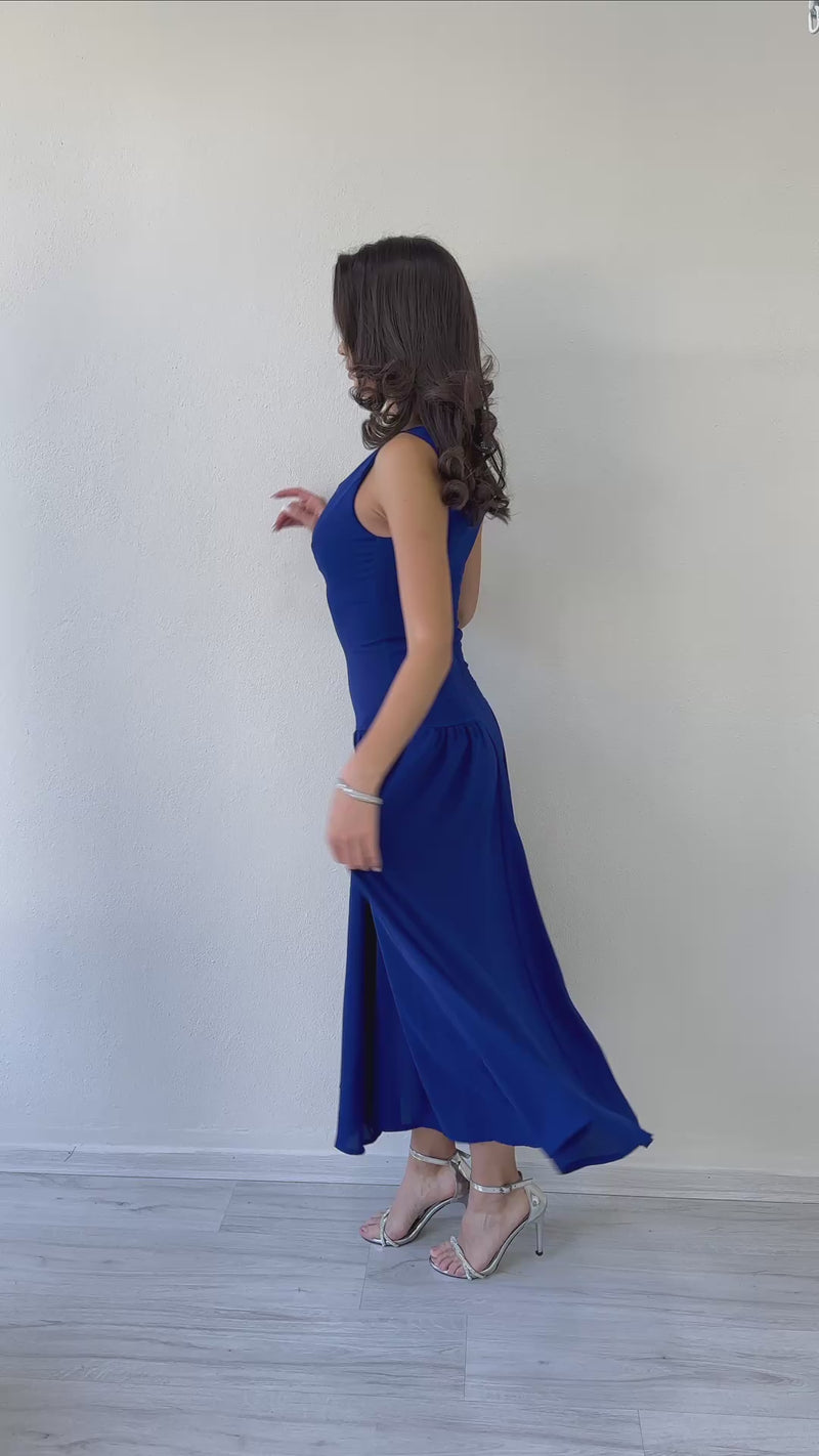 Women's Saxe Blue Square Neck Thick Strap Flared Dress