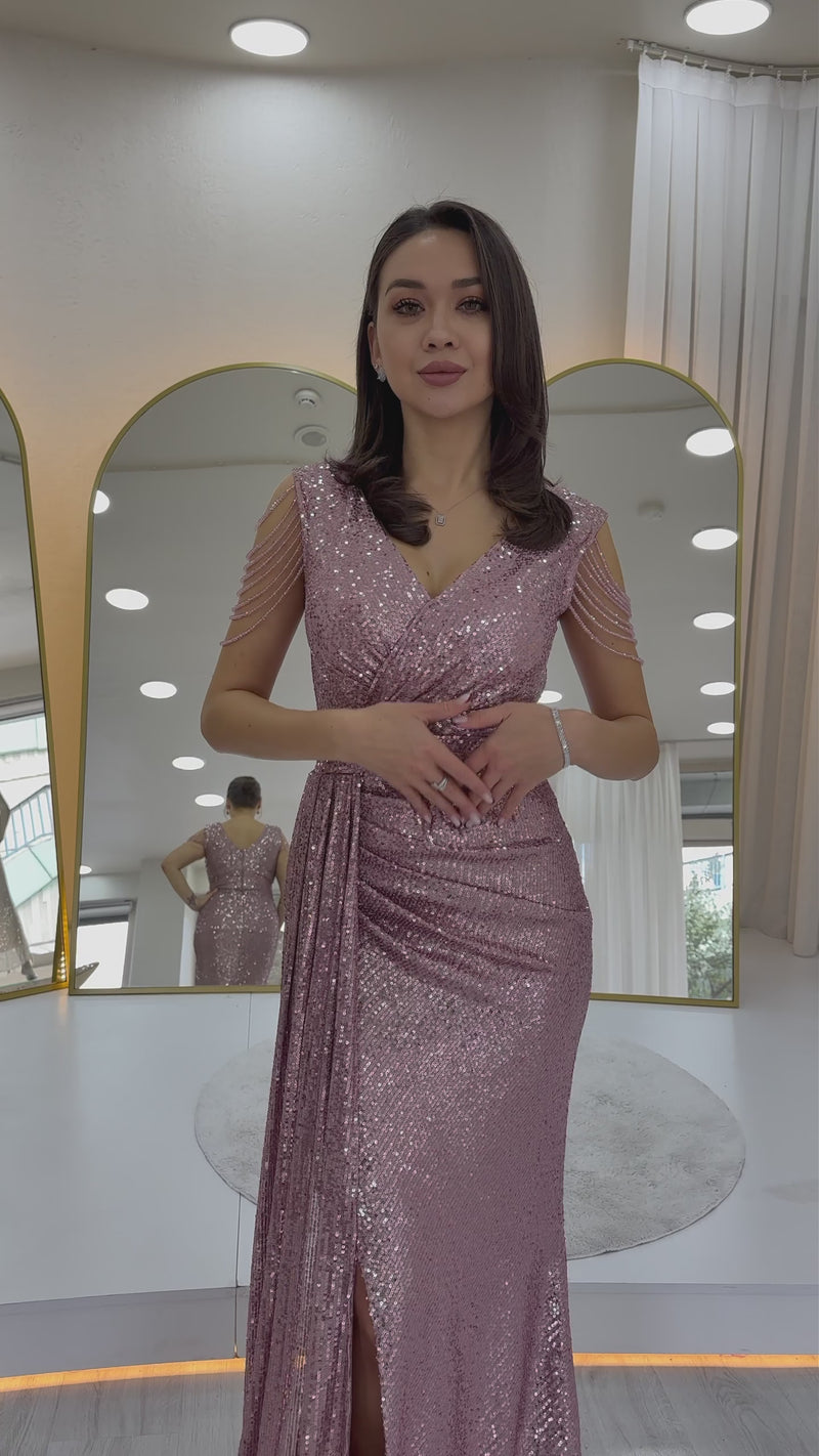 Women's Powder Pink Wrap Neck Omuz Detail Sequin Plus Size Evening Gown