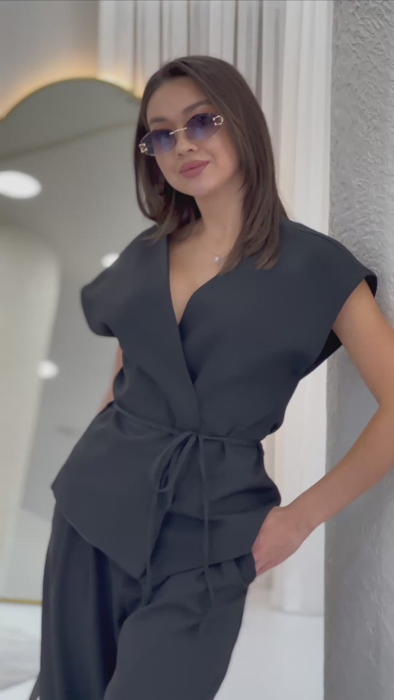 Women's Black Bol Paça Dökümlü Tie Vest Pants Two-Piece Set