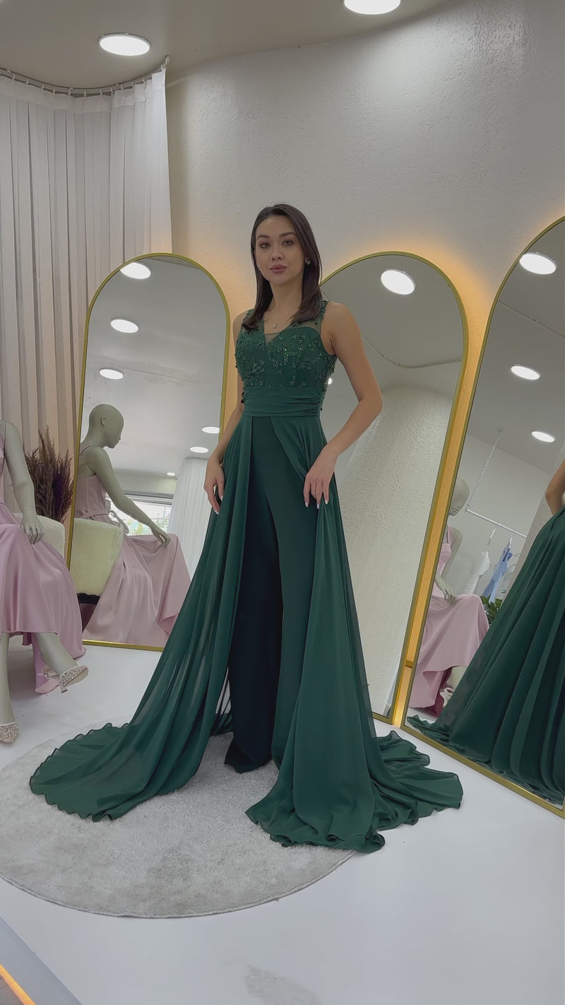 Women's Green V-Neck Embellished Train Evening Gown Jumpsuit