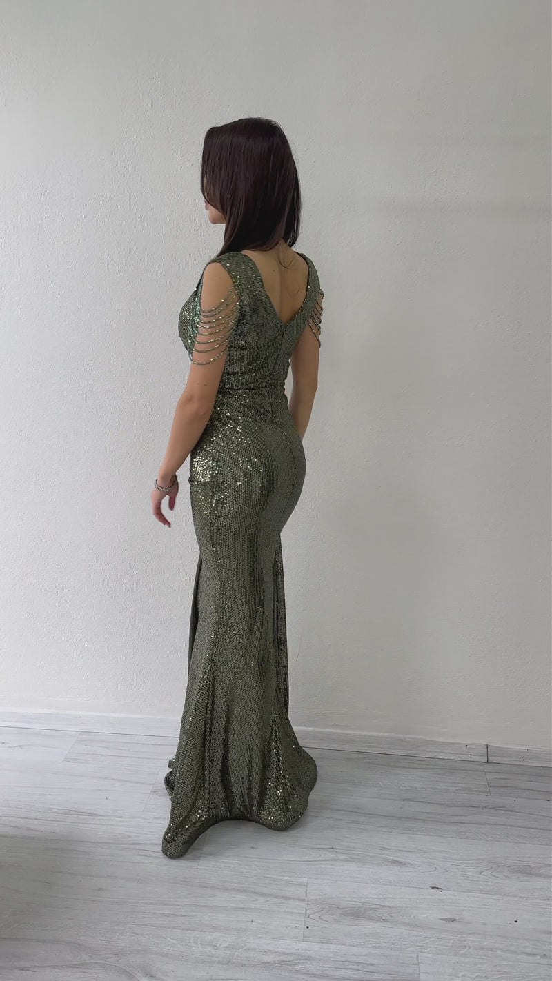 Women's Khaki Wrap Neck Shoulder Detail Sequin Plus Size Evening Gown