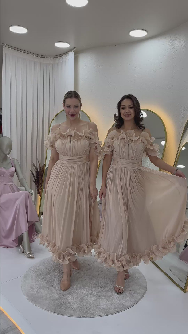 Women's Krem Off-Shoulder Strap Ruffle Detaillı Midi Evening Gown