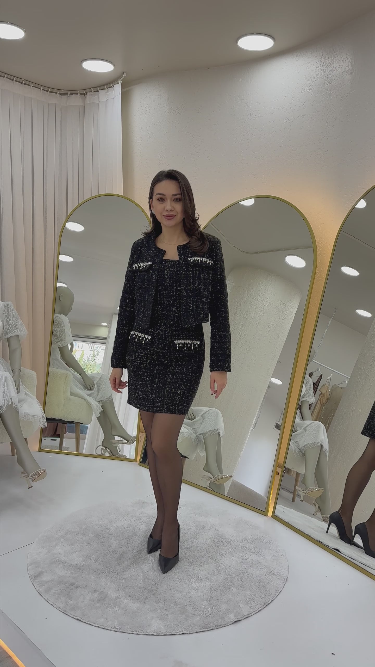 Women's Black Crystal Embellished Jacket Dress Tweed Two-Piece Set