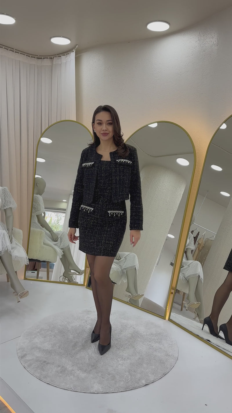 Women's Black Crystal Embellished Jacket Dress Tweed Two-Piece Set