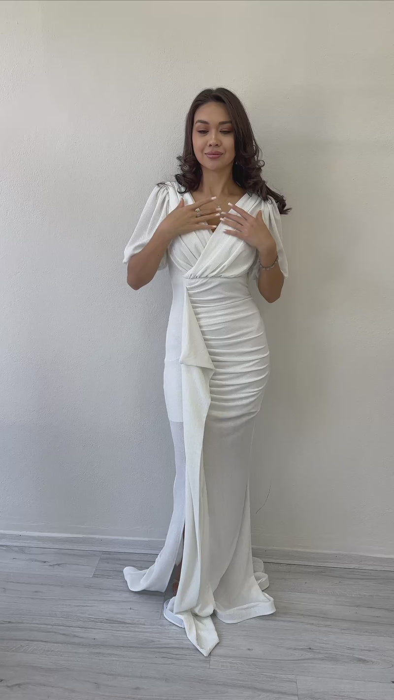 Women's White Balloon Sleeve Glitter Drapedd Ruffle Detail Mermaid Evening Gown