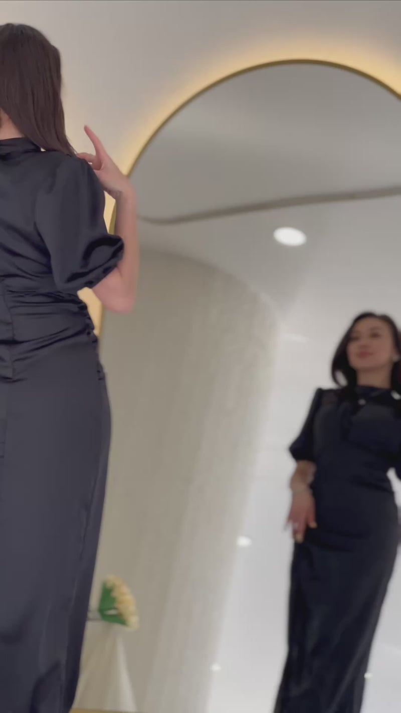 Black Satin Short-Sleeve Evening Dress