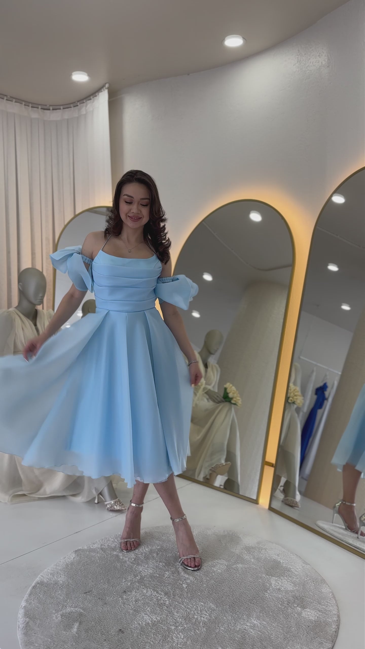 Women's Baby Bluesi Drapedd Halter Tie Bow Sleeve Detail Short Evening Gown