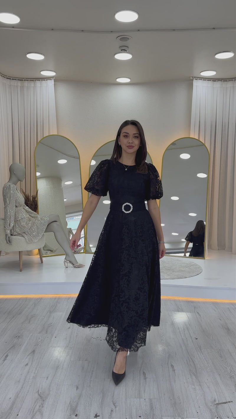 Black Lace Midi Length Flared Evening Dress