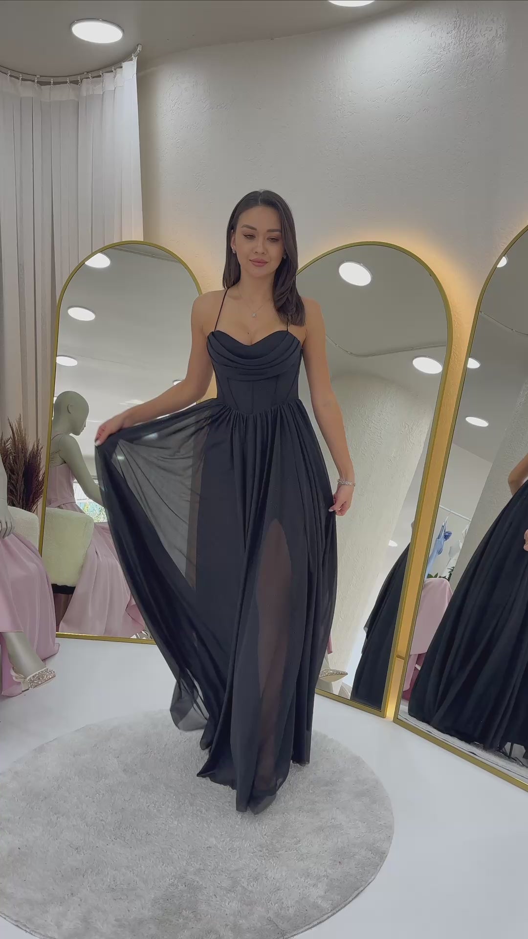 Women's Black Glitter Sırt Dekolteli Corset Detail Slit Evening Gown