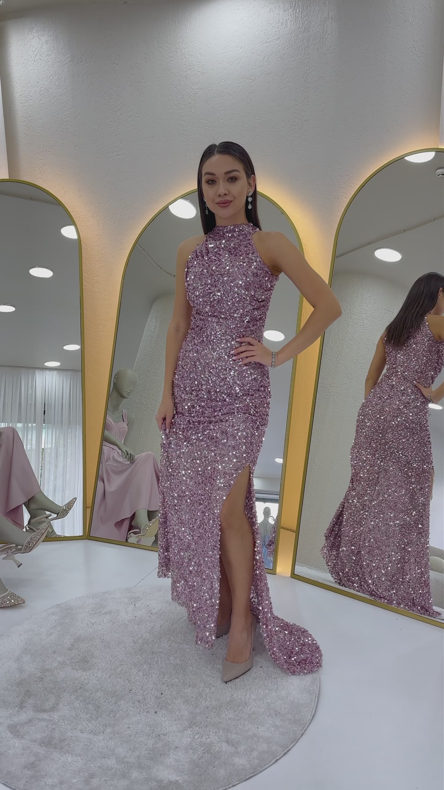 Women's Powder Pink Halter Neck Sequin Train Evening Gown