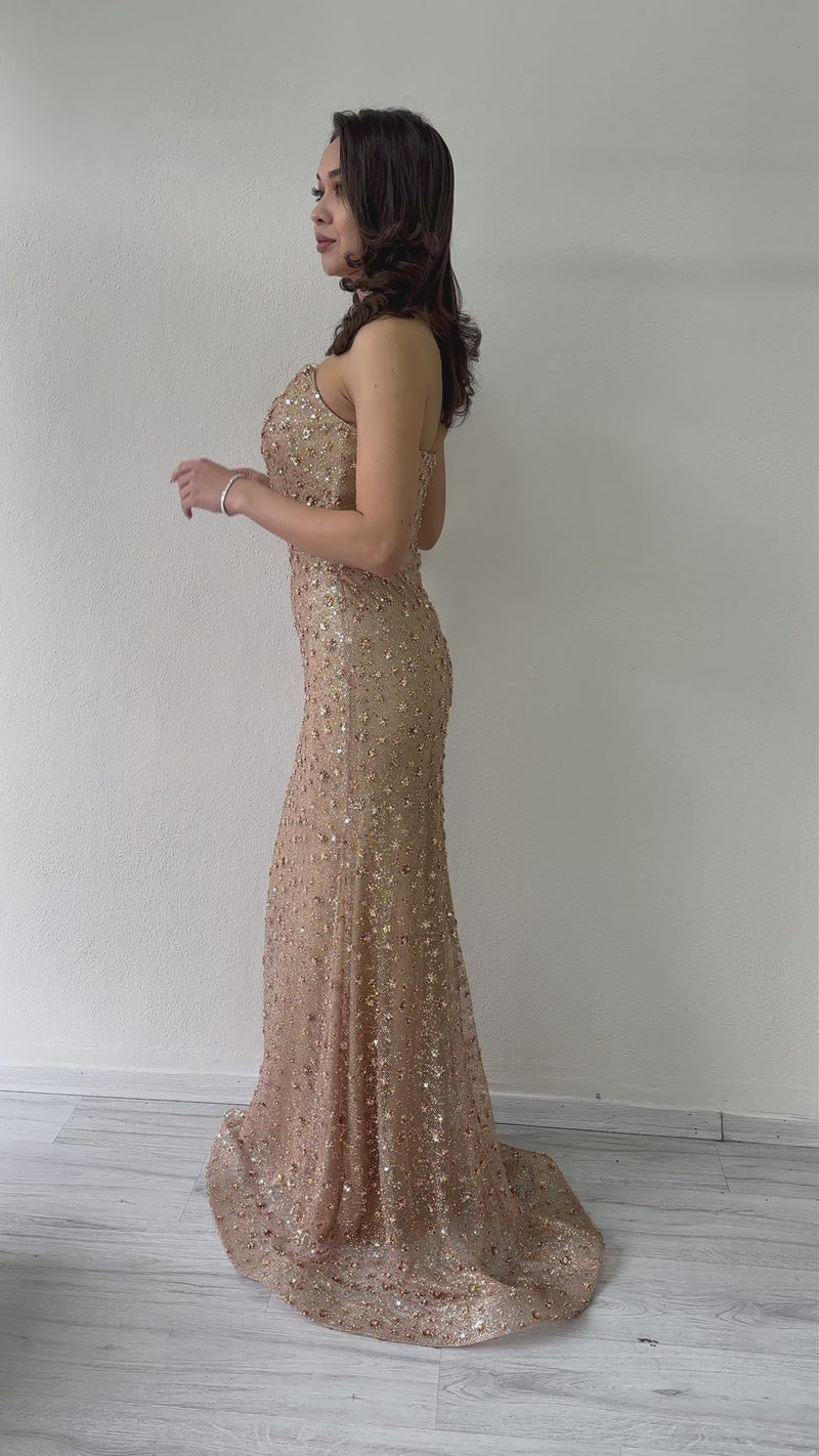 Women's Gold Strapless Crystal Embellished Long Evening Gown