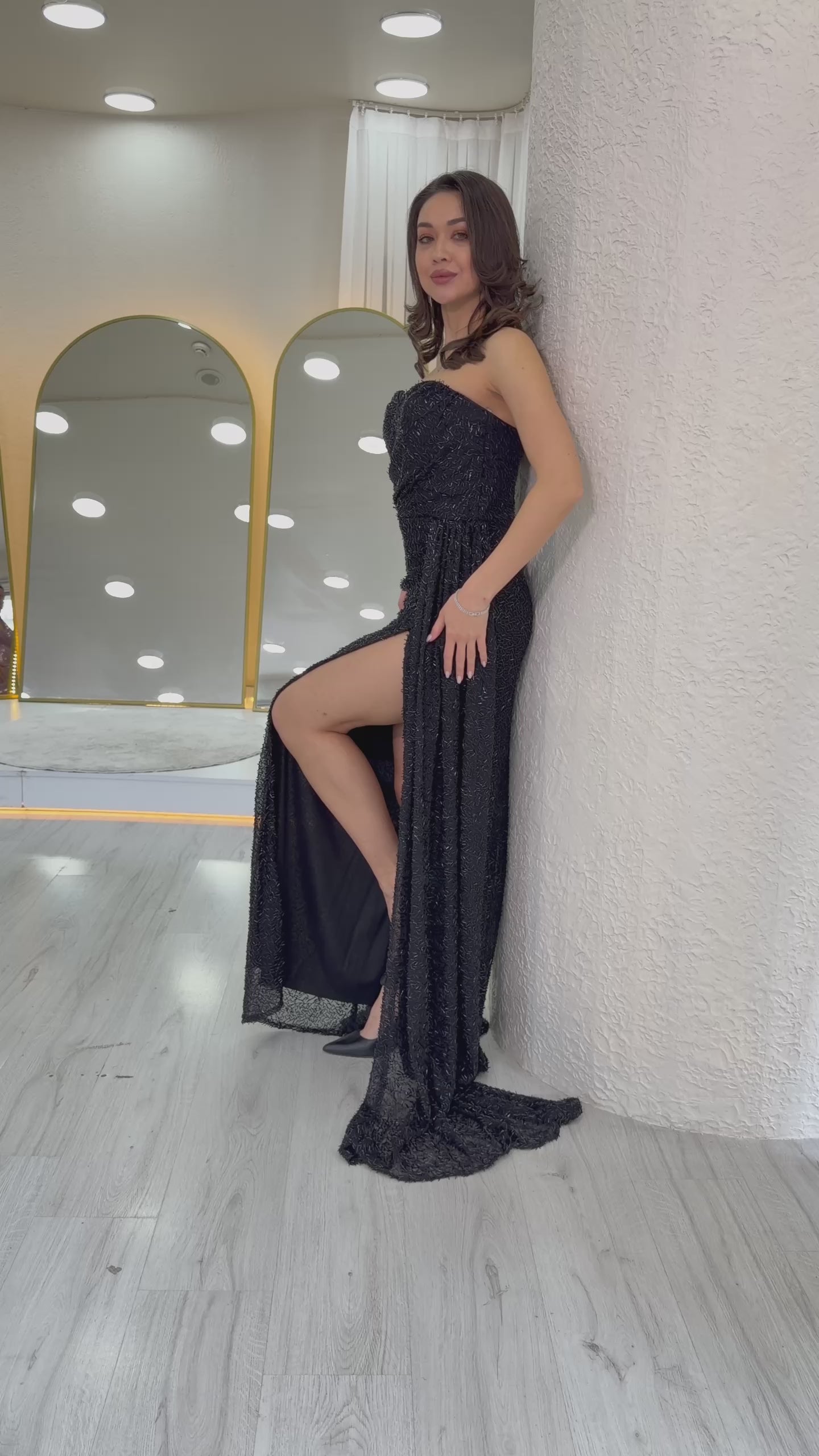 Black Strapless Sequin Evening Dress