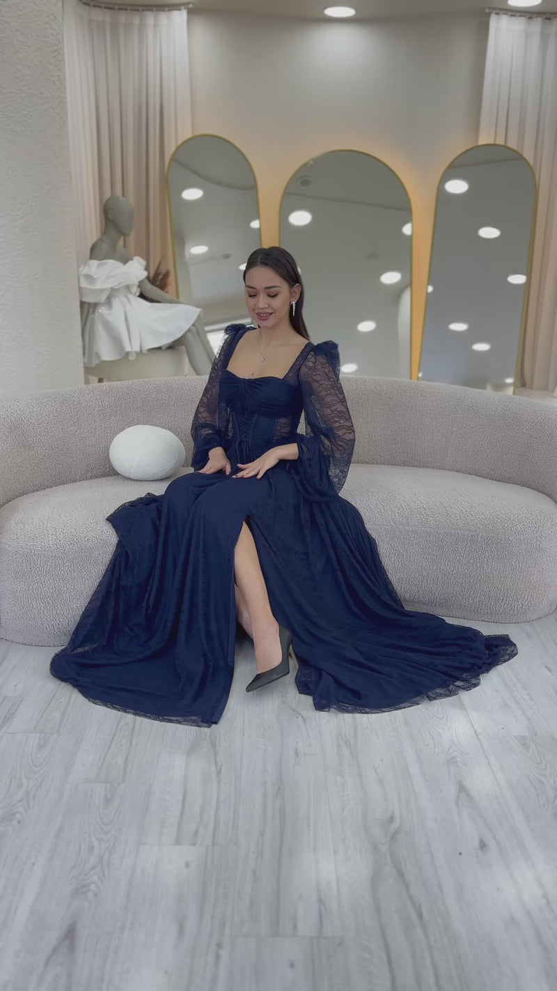 Women's Navy Blue Lace Kumaş Corset Detaillı Long Slit Evening Gown