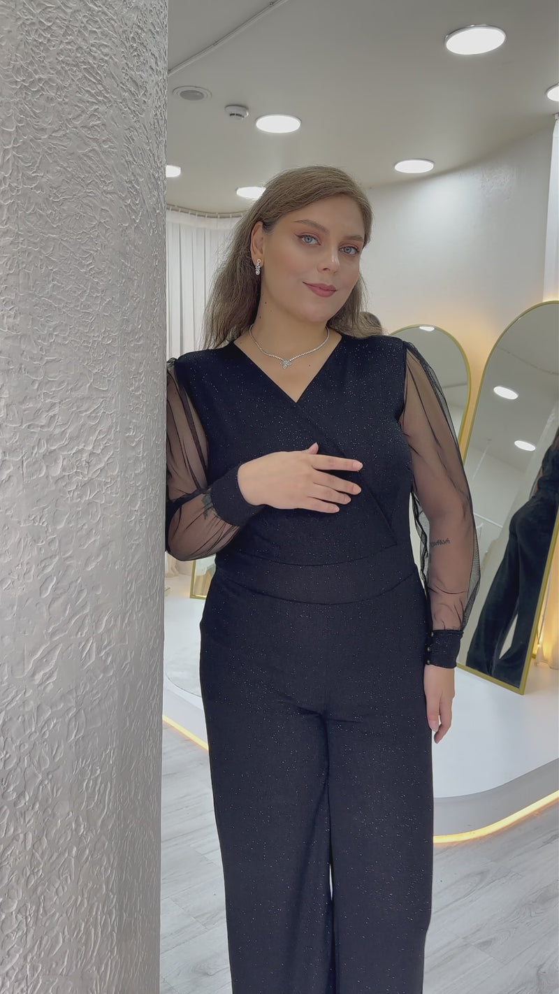 Women's Black Glitter Wrap Neck Tulle Sleeve Evening Gown Jumpsuit