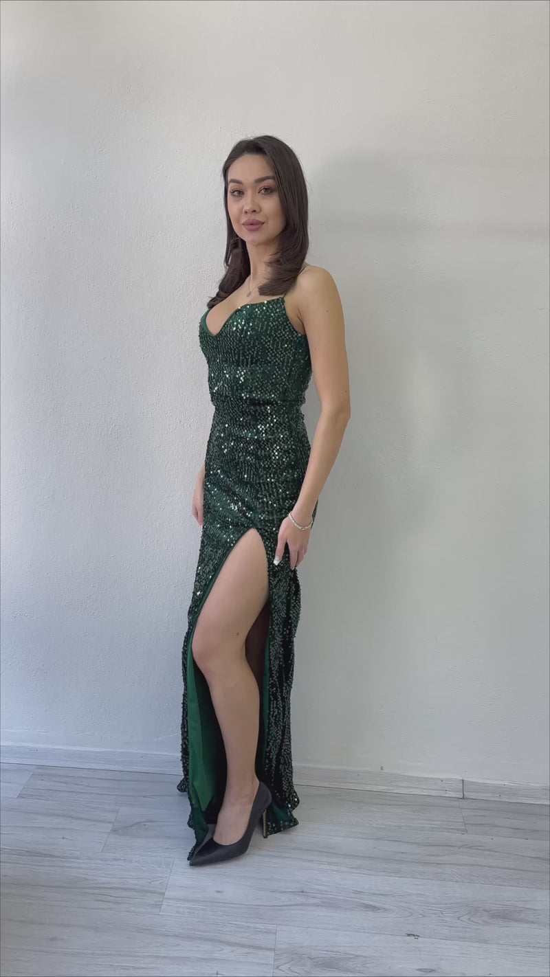 Women's Green Spaghetti Strap Sequin Slit Evening Gown