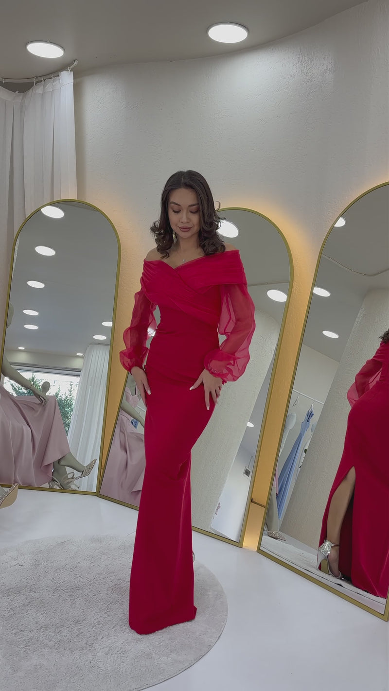 Women's Red Chiffon Sleeve Detaillı Off-Shoulder Mermaid Evening Gown