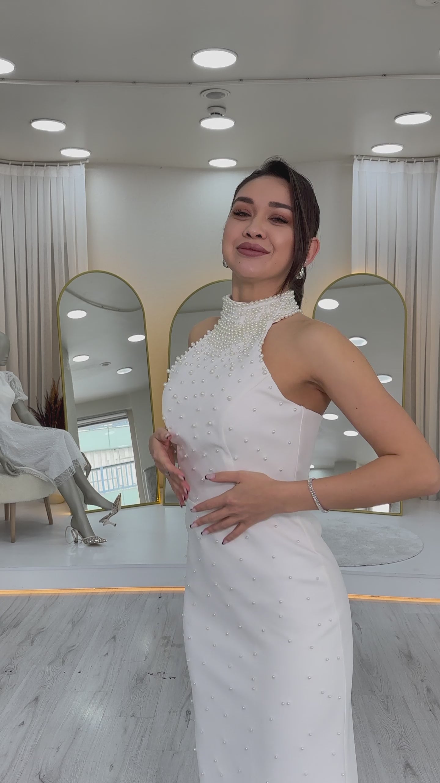 Women's White Pearl Halter Neck Bridal Evening Gown